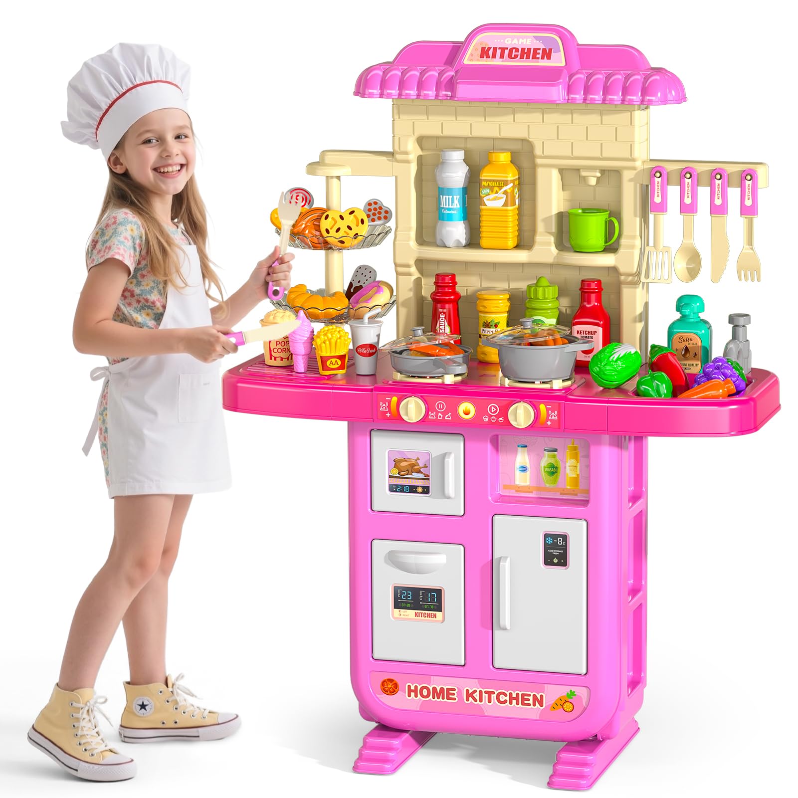 MSKOLER 36 in Kids Kitchen Playset for Ages 2-6 4-8, Play Kitchen with Light, Sound and Spraying, Sink Toy Accessories, Cooking Stoves, Pr