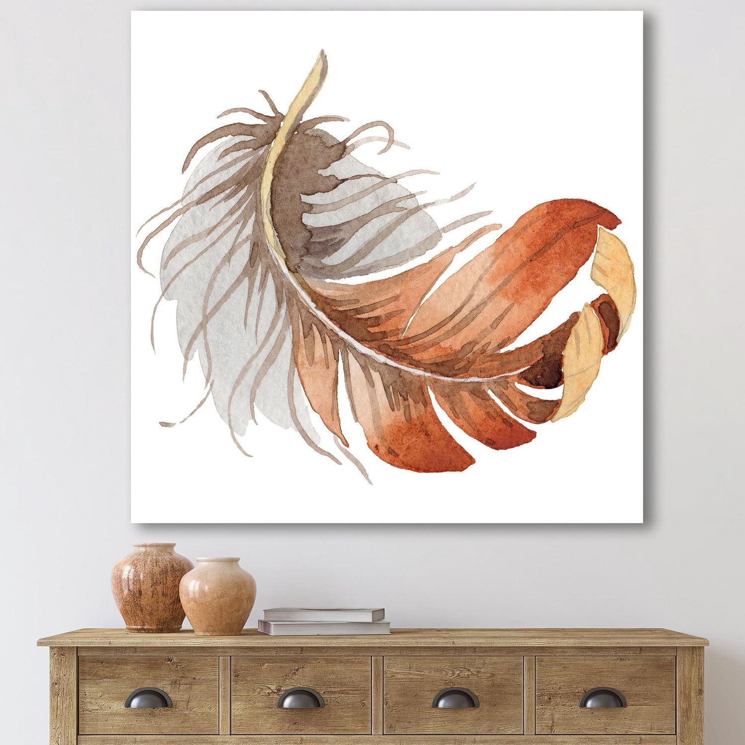 Designart Plume d'Oiseau Ethnique Orange Art mural sur toile