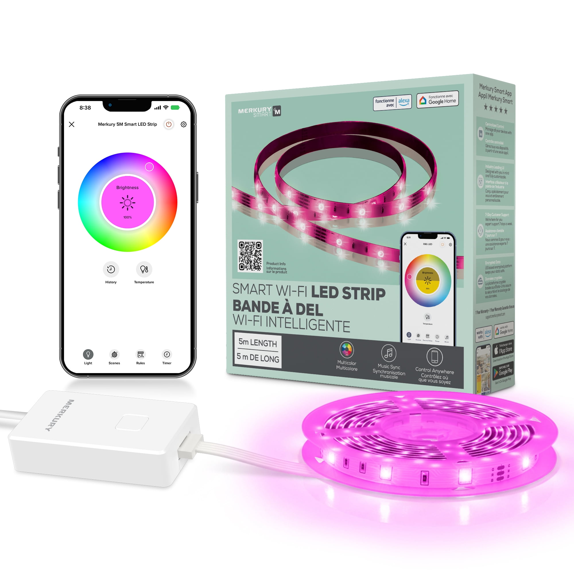 Merkury Smart LED Strip Lights - RGB, 5M Wi-Fi Dimmable Lighting Kit (1-pack)