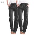 thumbnail image 1 of AherBiu 2PCS Womens Linen Pants Drawstring Elastic Waisted Straight Leg Casual Trousers with Pockets, 1 of 6