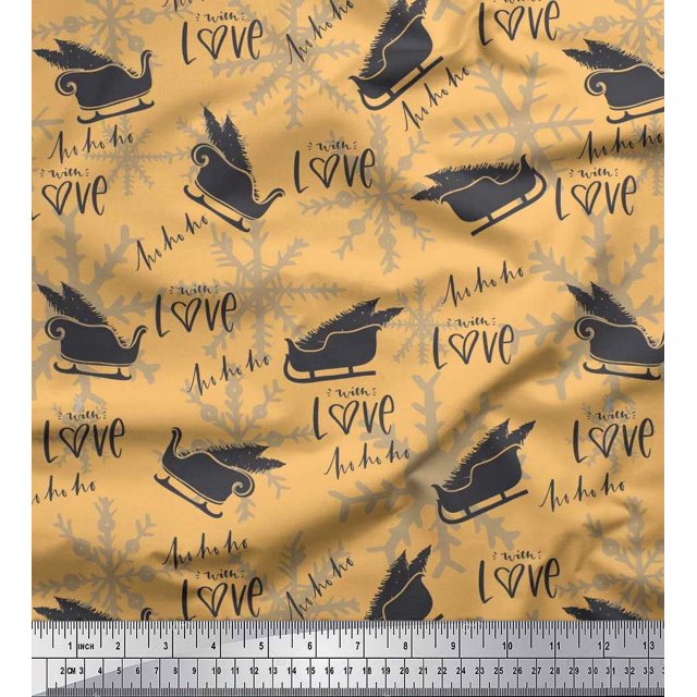Soimoi Modal Satin Fabric Sleigh & with Love Text Print Sewing Fabric Yard 42 Inch Wide