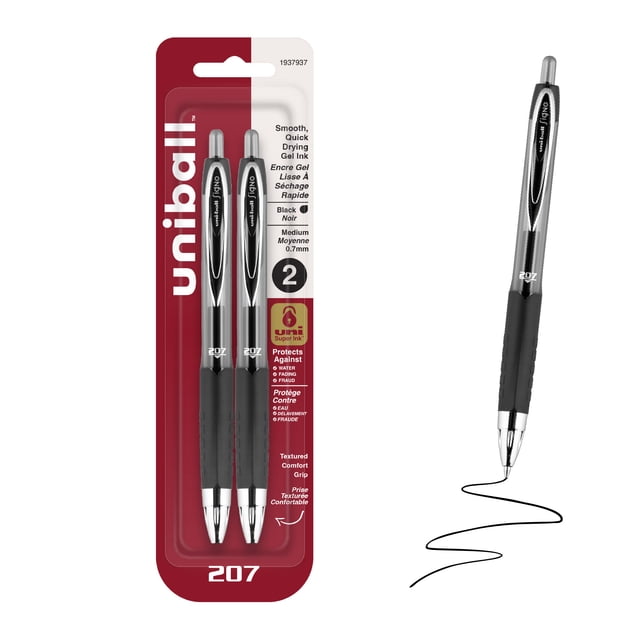 uniball™ 207 Retractable Gel Pens, Medium Point (0.7mm), Black, 2 Pack
