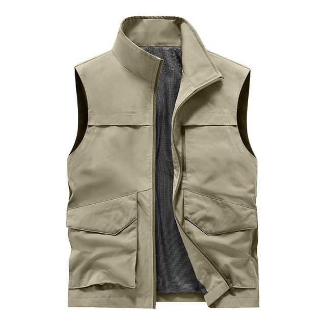 LNWUY Men's Work Vest Solid Color Standing Collar Multiple Pockets Outdoor Utility Vest Photography and Sports Jacket Coat Yellow L
