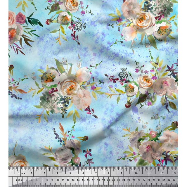 Soimoi Blue Cotton Jersey Fabric Leaves & Ranunculus Floral Print Sewing Fabric Yard 58 Inch Wide