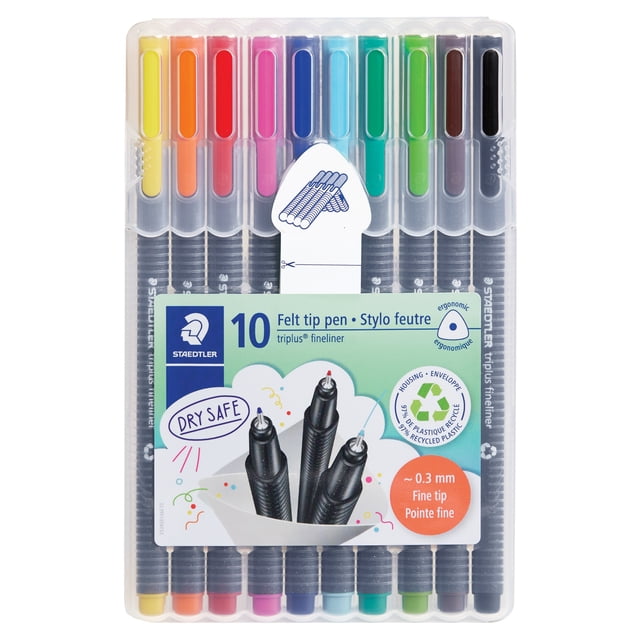 Staedtler Triplus Fineliner Pens pack of 10 assorted colors with superfine 0.3 mm felt tips, ergonomic triangular barrels, and dry-safe ink in a clear stand-up case, suitable for precise writing, drawing, and colour-coded note-taking.