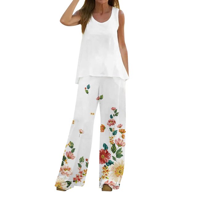 Mikilon Ensemble Stylé pour Femmes 2 Pcs Décontracté Ample Imprimé Gilet Pantalon Long Sans Manches Col Rond Haut/chemise Ensemble Blanc TP