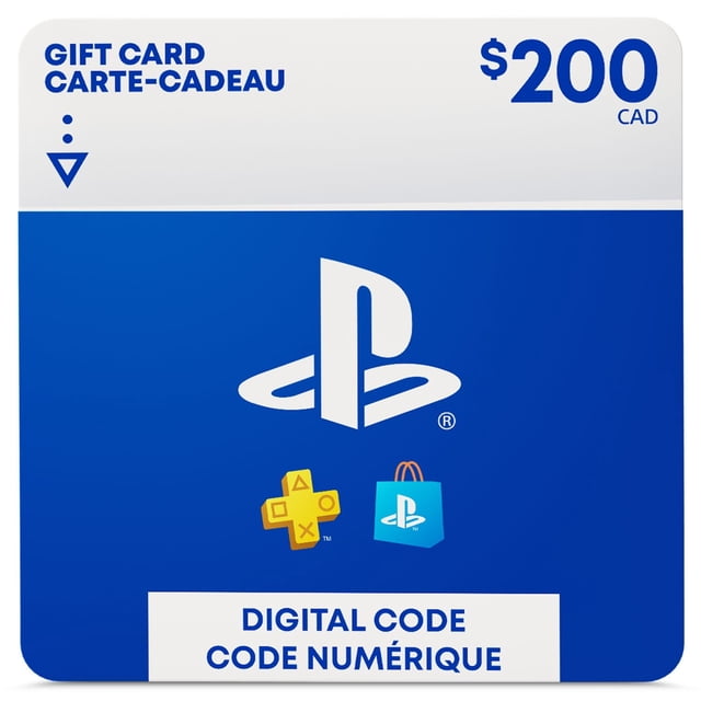 Sony Playstation Carte-Cadeau de 200 $ (Code Numérique) Montrant une Carte Bleue et Blanche avec le logo Playstation et des Icônes au-Dessus pour Playstation Plus et Playstation Store, Utilisée pour Ajouter des Fonds pour des Jeux, des Abonnements et des Achats de Contenu Numérique sur le Playstation Store Canadien.