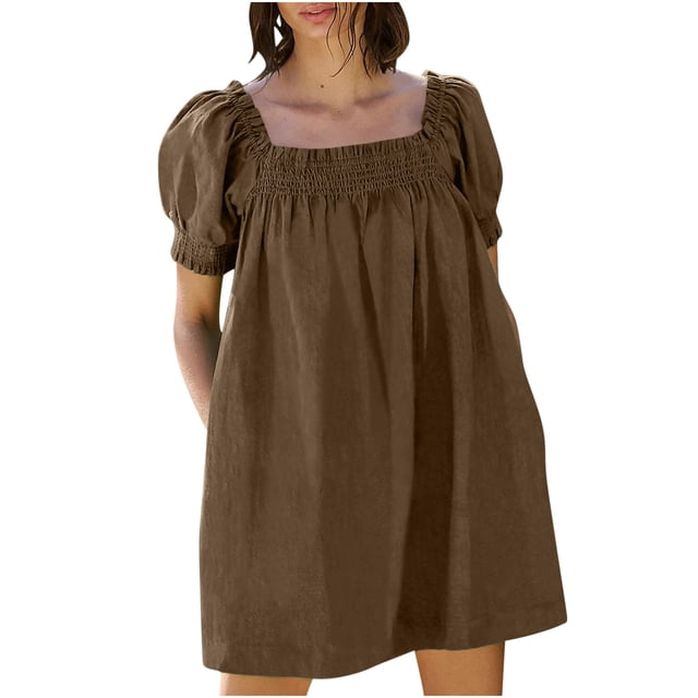 BEFOKA Robe pour Femme Grande Taille, Liquidation de Robes d'Été pour Femmes, Robe d'Été Mini pour Femme Robe de Plage Ligne A Décontractée Ample Robe Soleil avec Poches Plissée à Manches Courtes Col Évasé