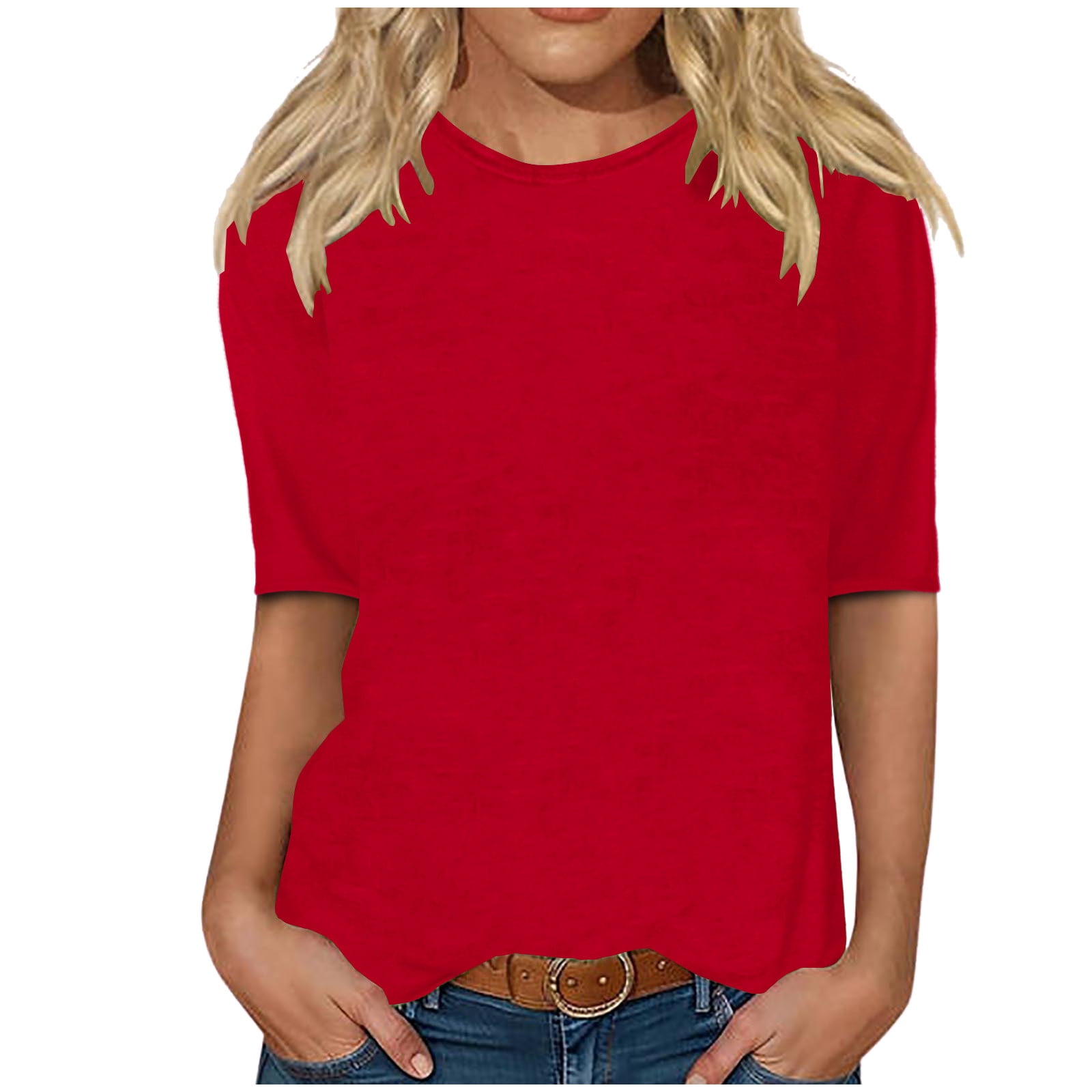 CFLVAEK Elbow Length Sleeve T Shirts Womens Solid Color Shirt Loose Fitted Basic Round Neck Blouses