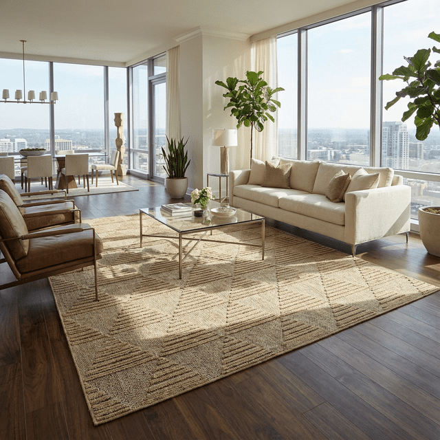 Rug Branch Hogar Abstract Indoor Outdoor Area Rug, Brown Beige, Modern - Living Room, Bedroom, Dining Room, and Kitchen, 5'x8' jute rug with textured geometric triangle pattern in brown and beige, set in a bright living room with hardwood floors, beige sofa, leather chairs, glass coffee table, and large city-view windows, suitable for indoor and outdoor use including patios and balconies.