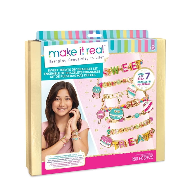 Make It Real Ain't She Sweet Bracelets for Kids DIY kit with 280 pieces to create 7 pastel-toned candy-themed charm bracelets featuring gold beads and sweet treat charms like cupcakes, ice cream, and candies, shown on packaging with a child wearing finished bracelets.
