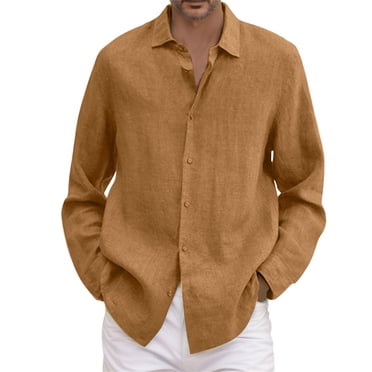 Ketyyh-chn99 Men's Golf Shirts Fashion Male Summer Solid Casual Plus Size Loose Shirt Mens Turn Down Long Sleeve Shirt Khaki,XL