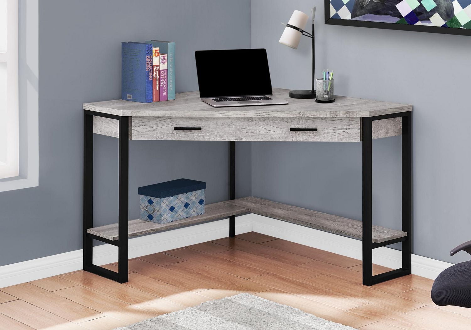 Monarch Specialties Computer Desk, Home Office, Corner, Storage Drawers, 42"l, Work, Laptop, Metal, Laminate, Grey, Black, Contemporary, Modern