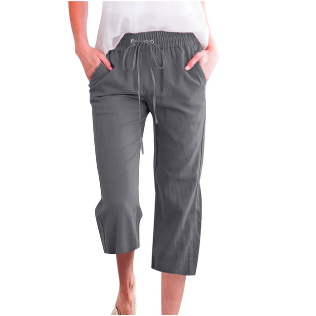 AherBiu Capris Grande Taille pour Femmes en Coton et Lin d'Été Décontractés Pantalons Capri Taille Haute Droits Raccourcis