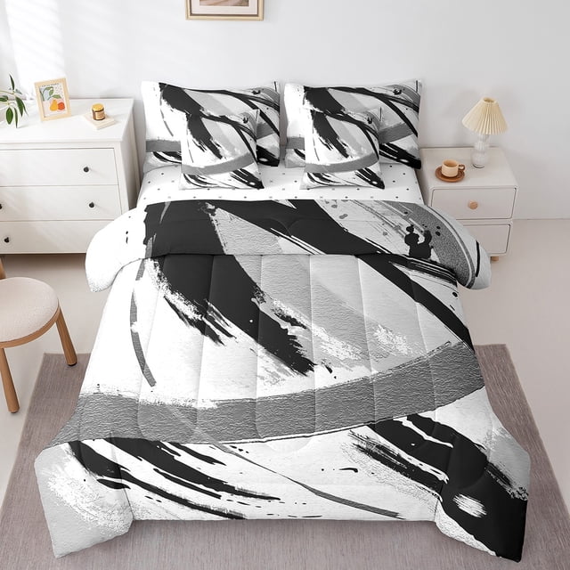 YST Black Grey 7 Piece Comforter Set, Brush Strokes Oil Painting, Full Size, Gradient Abstract Design