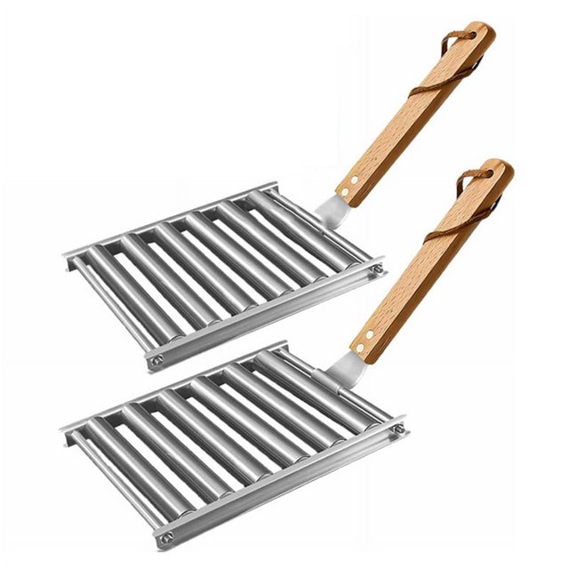 2 Pcs Rouleau à Hot-Dogs pour Gril, Support à Saucisses avec Poignée en Bois, Gril à Hot-Dogs BBQ pour Hot-Dogs Cuits Uniformément