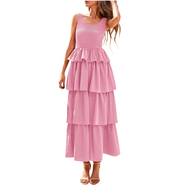 Ovzne Robes pour Femmes Robe pour Femme Robe d'Été Sans Manches Midi Col Rond Débardeur Smocké Ligne A à Étages Superposé Plage Fluide Longues Robes Robe d'Été Liquidation