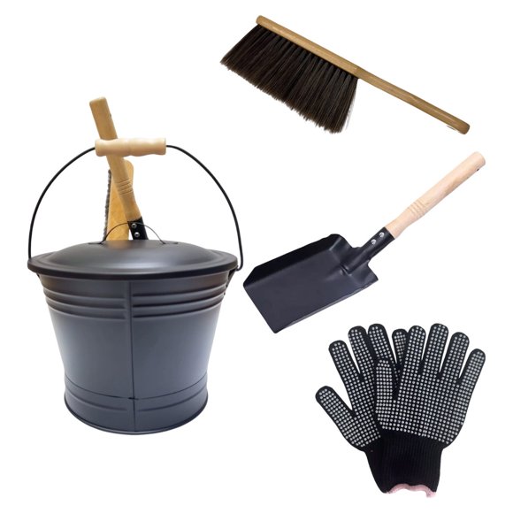 Ash With Lid 2 Gallon Metal Fireplace Ash Can Set including Shovel Brush and for Stove Grill and Fire Stoves Wood Metal and Construction 4-Piece Kit