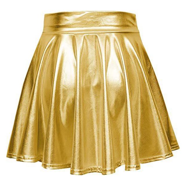 Shiny Flared Pleated Skirt, Solid Color Mini Polyester Fiber Metallic Glossy Skirt Fashionable For Performance Black,Red,Golden,Purplish Red,Purple,Silver