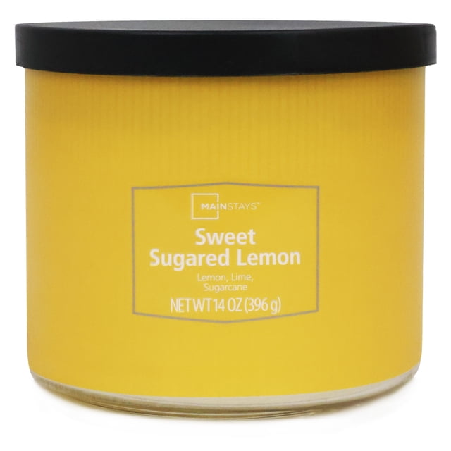 Mainstays 3-Wick Textured Wrapped Sweet Sugared Lemon Scented Candle, 14 oz, in a yellow textured jar with black lid, featuring lemon, lime, and sugarcane scents, ideal for home décor and adding fresh citrus aroma to living spaces.