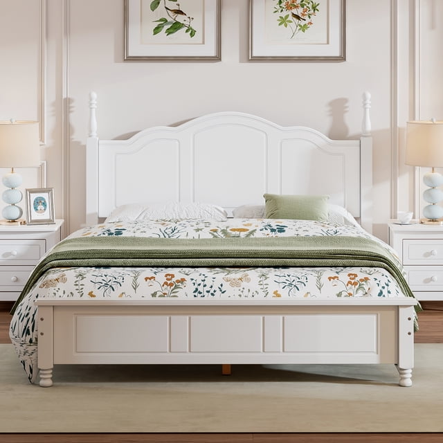 MODERNLUXE Lit Plateforme en Bois Format Grand, Cadre de Lit Style Rétro avec Lattes en Bois pour Garçons Filles Adultes, Blanc