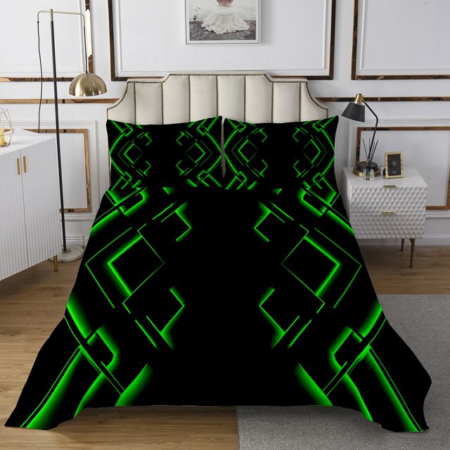 Erosebridal Gradient Geometry Bedspread Sets Queen Size, Chic Striped Bed Quilt, Neon Green, 3-Piece