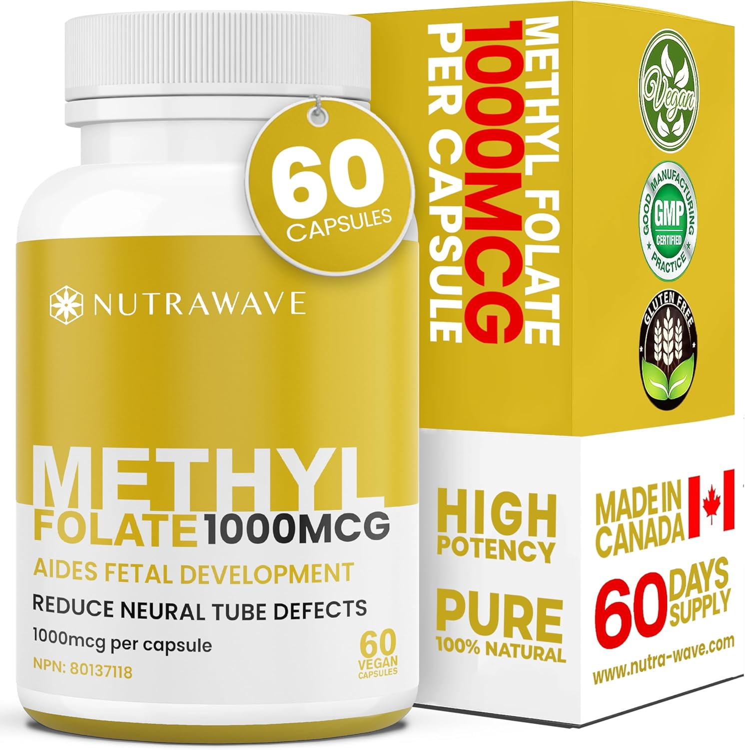 Nutrawave Methylfolate 1000 mcg (5-MTHF) – Active Vitamin B9 for Heart, Brain & Prenatal Support, 60 Vegan Capsules, Non-GMO, Gluten-Free, Made in Canada