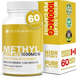 Nutrawave Methylfolate 1000 mcg (5-MTHF) – Active Vitamin B9 for Heart, Brain & Prenatal Support, 60 Vegan Capsules, Non-GMO, Gluten-Free, Made in Canada