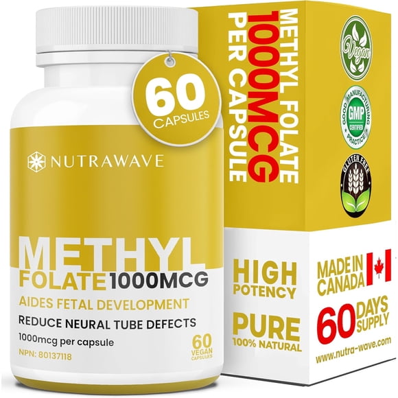 Nutrawave Méthylfolate 1000 mcg (5-MTHF) – Vitamine B9 Active pour le Soutien du Cœur, du Cerveau et Prénatal, 60 Capsules Véganes, non-OGM, Sans Gluten, Fabriqué au Canada