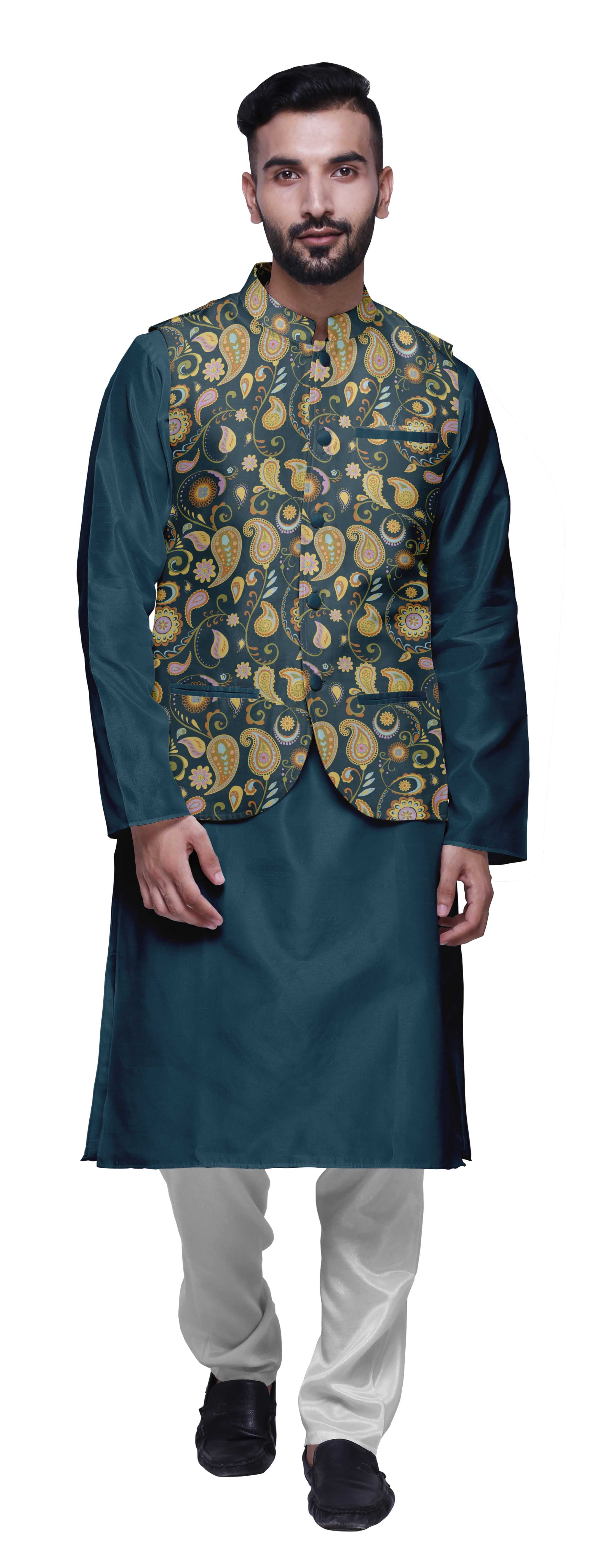 Atasi Kurta Churidar Uni Pyjama et Ensemble de Veste Nehru Imprimée pour Tenue de Fête pour Hommes