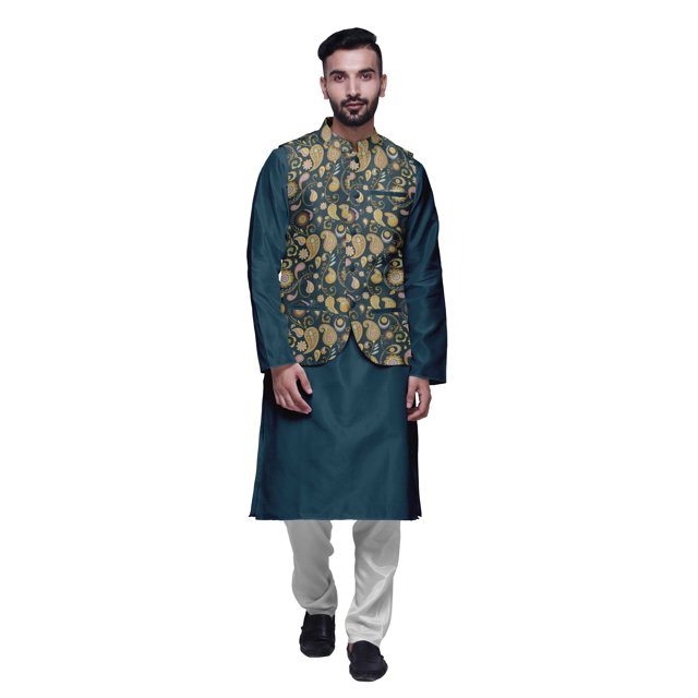 Atasi Ensemble de Pyjama Kurta Churidar Ethnique avec Veste Nehru Imprimée pour Hommes
