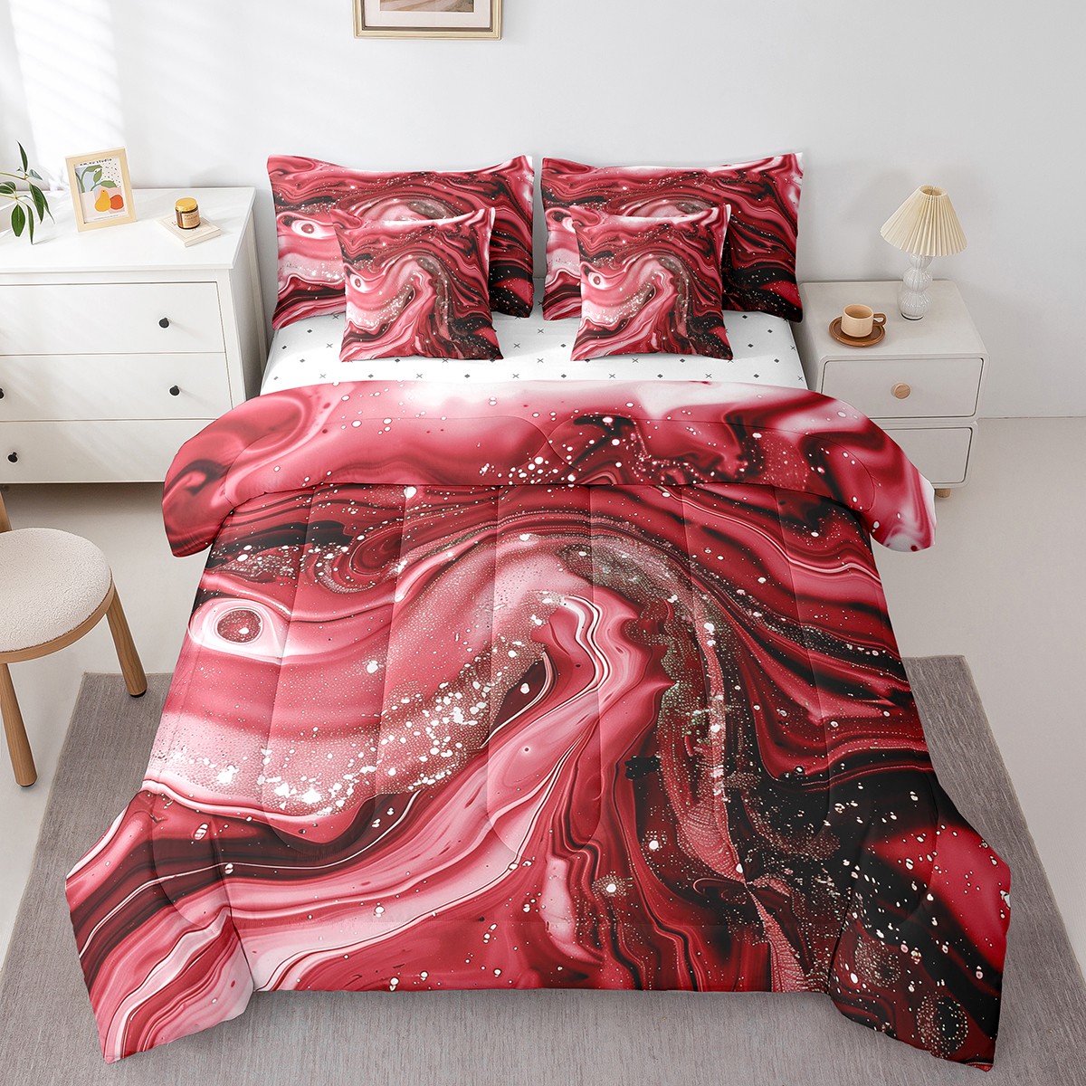 YST Red Marbling King Comforter Set, 7-Piece Scarlet Tie Dye Abstract Rock Stone Bedding Set
