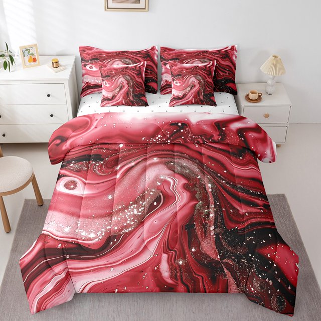 YST Ensemble de Literie 7 Pcs Marbré Rouge, Full, Motif Pierre Roche Abstraite, Lit en Sac, Ensemble de Literie Aquarelle