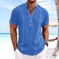 thumbnail image 2 of JIUKE Mens T-Shirts Cotton Linen Shirts Short Sleeve V Neck Buttons Stand Collared Top Summer Solid Color Tees, 2 of 6