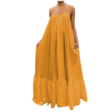 Vente de Liquidation Robes d'Été pour Femmes 2023 Grande Taille Sans Manches Robe de Couleur Unie Col Rond Maxi Dos Nu Coupe Ample Mode Y2K Élégante Retour à la Maison Ligne A Ourlet Évasé Gilet Robe à Bretelles avec Poche