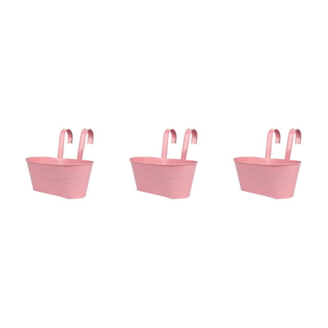 Goriertaly Practical And Durable Detachable For Balcony Planters Railing Hanging Multipurpose Fence Planters Pink 3Set. This set includes three pink iron hanging planters with detachable hooks, designed for balcony railings. Each planter features a durable and lightweight construction, suitable for outdoor use and capable of withstanding various weather conditions. The planters are ideal for displaying flowers or growing a small herb garden, offering a stylish and space-saving solution for small balconies.