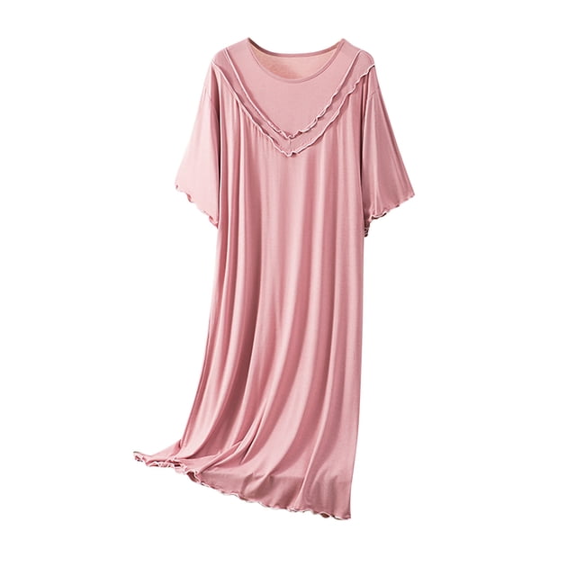 Timegard Womens Sleepwear Round Neck Ruffle Short Sleeve Solid Color Homewear Casual Loose Comfy Pjs Dress
