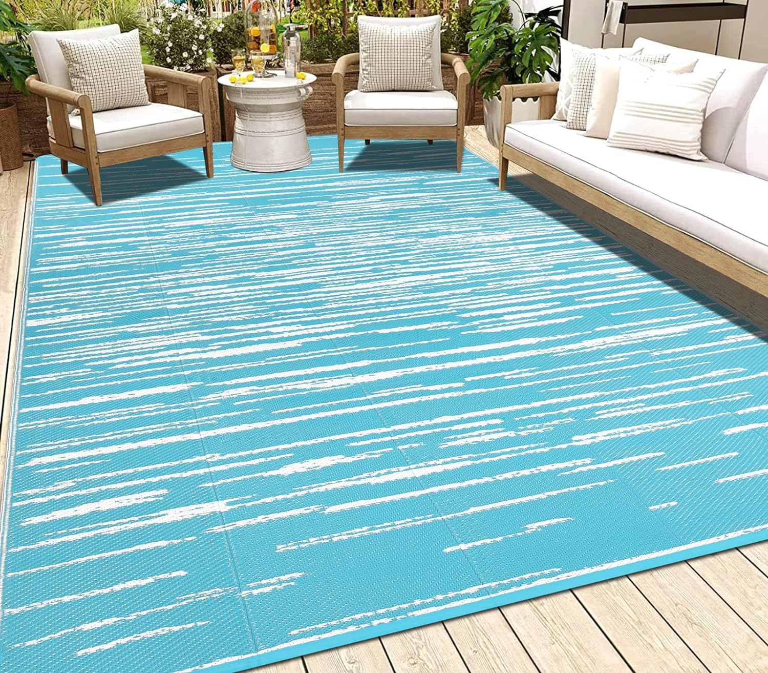 Findosom Tapis d'Extérieur Imperméable 5'x8' à Rayures, Tapis de Paille en Plastique Pliable et Réversible, Grand Tapis de Patio pour Extérieur, Véhicule Récréatif, Patio, Arrière-Cour, Terrasse, Pique-Nique, Plage, Camping Turquoise