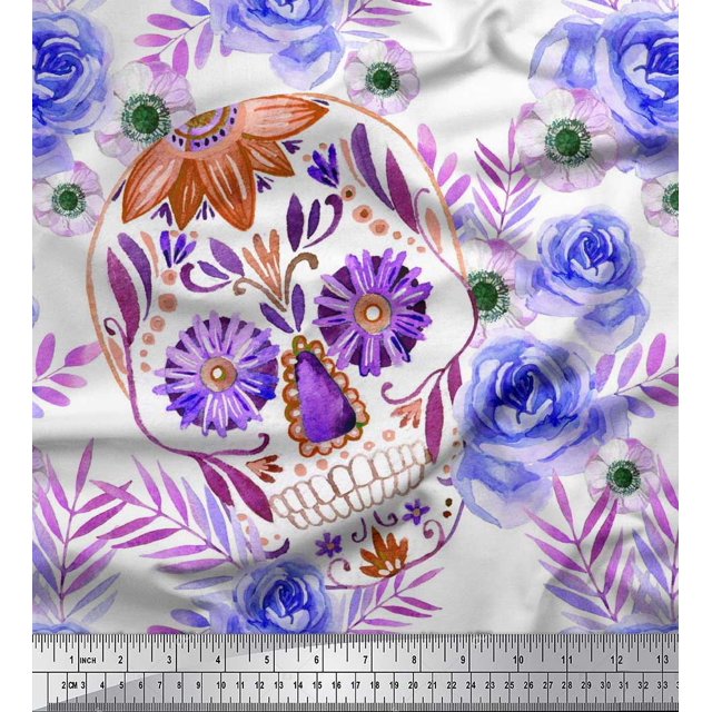 Soimoi Rayon Fabric Skull,Rose & Anemone Flower Fabric Prints by Yard 56 Inch Wide