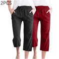 thumbnail image 2 of Timegard 2pc Capri Pants for Women Cotton Linen Elastic Waist Loose Lounge Crop Pants Pockets Solid Color, 2 of 7