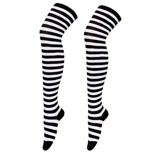 Kcodviy Christmas High Long Stockings Compression Stockings for women, featuring a black and white striped design. These over-the-knee socks are made of breathable polyester, offering a soft and comfortable fit. Designed for festive occasions like Christmas, cosplay parties, and daily wear, they measure approximately 60cm in total length with a sock height of 50cm and a sole length of 18cm. The stretchy material ensures a one-size-fits-most fit. Sold as a single pair, packaged in transparent plastic bags.