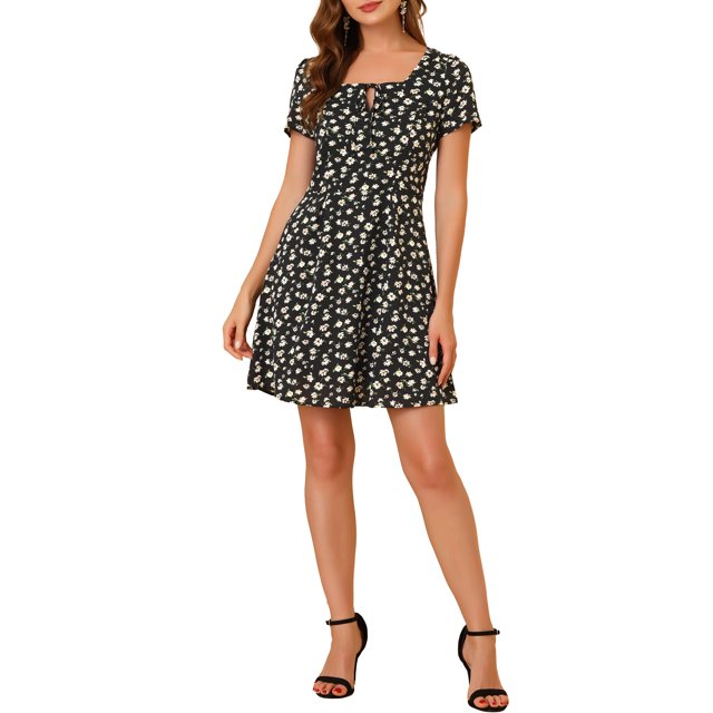 INSPIRE CHIC Robe de Bal Ligne A à Encolure Carrée Imprimée à Manches Courtes pour Femme TG Noir Rose à Fleurs
