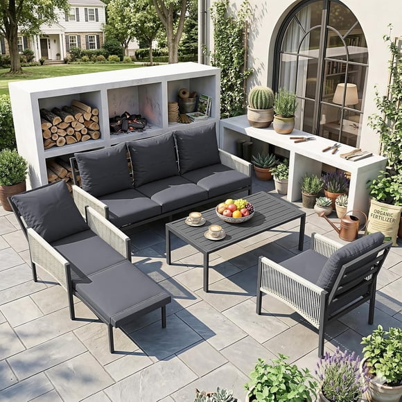 AECOJOY Aluminum 5-Seat Outdoor Sectional Patio Furniture Set, with Retractable Single Sofa & Central Coffee Table, for Porch, Deck (Dark Grey)