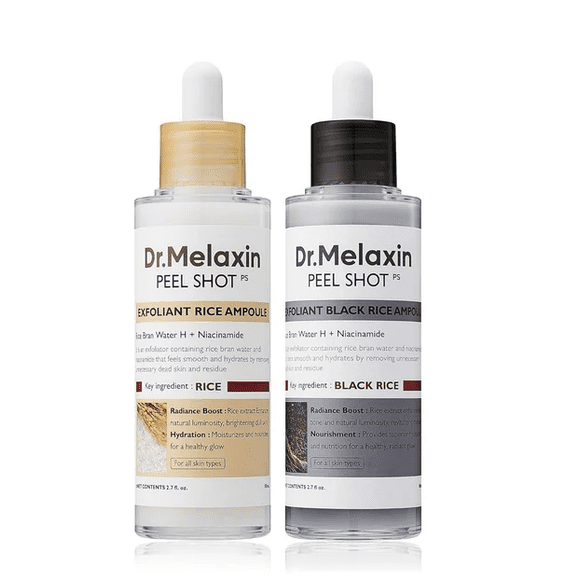 Dr.Me.la.xin Glow Rice Ampoule Duo (White + Black) – Peel Shot Soft Exfoliating Face, Blackheads Remover for All Skin Types