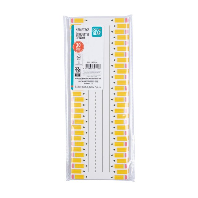 Pen+Gear Bandes de Noms, 30 Unités, Étiquettes de Nom Rectangulaires Blanches Bordées de Crayons Jaunes, Mesurant 3,5 par 10 Pouces, Convenant à l'Organisation du Bureau de Classe et à l'Étiquetage des Casiers, Emballées en Plastique Transparent.