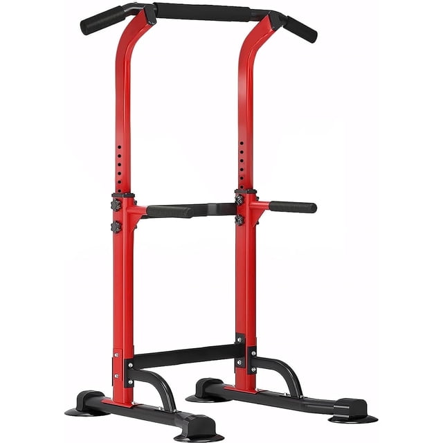 SOGES Height Adjustable Power Tower Dip Stands Pull up Bar Strength Training for Home Gym in red. This power tower features a heavy-duty metal frame with a widened H-shaped base for stability, supporting up to 330 lbs. It includes adjustable height settings ranging from 65 to 82.7 inches, making it suitable for various exercises like pull-ups, dips, vertical knee raises, and push-ups. The base has suction cups for added safety and stability. Designed for home gym use, it accommodates adults, children, and seniors for full-body workouts.