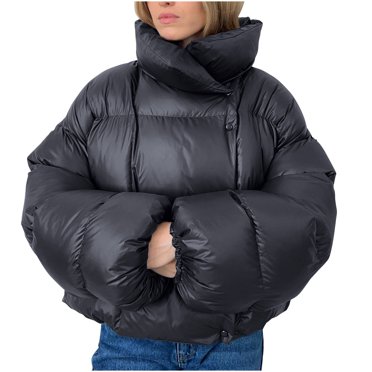 Jsaierl Puffer Coat for Women Stand Collar Zip up Cropped Jackets Padded Winter Warm Down Coat Solid Color Casual Long Sleeve Coats 2024