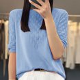 thumbnail image 2 of Olyvenn Women T-Shirt à Manches Courtes en Tricot de Soie Glacée Ajourée pour Femme, Coupe Ample, Col Rond, Chandail Tricoté, Haut Bleu TTG, 2 of 3