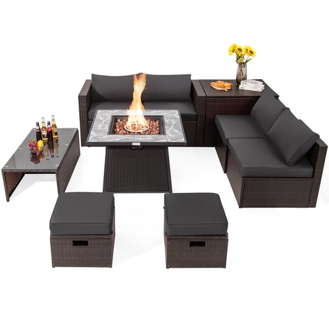 Patiojoy 9 Pieces Outdoor Patio Furniture Set in gray featuring a 35-inch propane fire pit table with a marble-patterned ceramic top, surrounded by a sectional sofa with PE wicker and soft cushions. Includes a coffee table, storage box, two ottomans, two corner sofas, and two armless sofas. The fire pit table provides 50,000 BTU heat output and doubles as a coffee table with a removable lid. Designed for space-saving storage and durability with rustproof steel and fade-resistant materials.