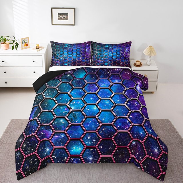 Erosebridal Gradient Starry Sky Bedding Full Comforter Set, Neon Galaxy Down Comforter, Geometry Decor, Reversible 3pcs